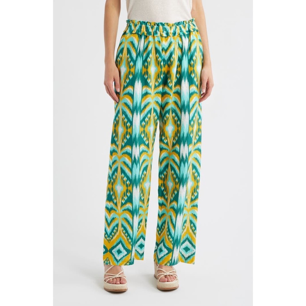 FARM Rio Tropical Tapestry Wide Leg Linen‎ Blend Pants Teal Yellow M Medium NWT - Picture 2 of 11